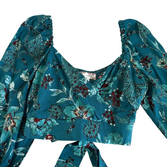 Band of the Free Sybille Teal Floral V-Neck Crop Top Long Sleeve Blouse Size XS - Picture 3 of 7